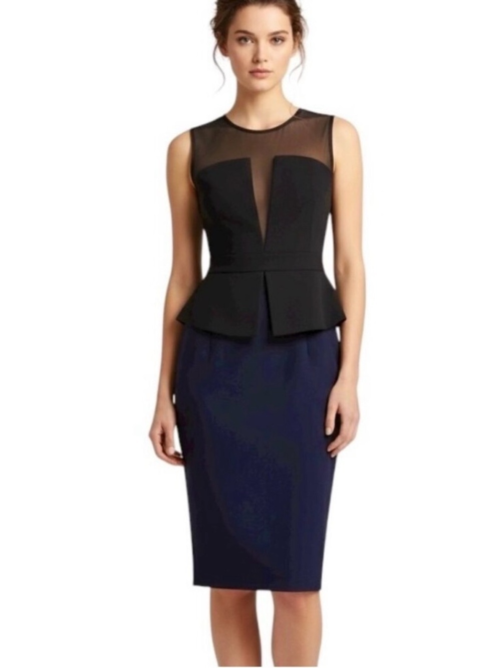 NWOT LRK Peplum Dress Sz 8 Black Navy Knee Length Work Career Office Siren Event